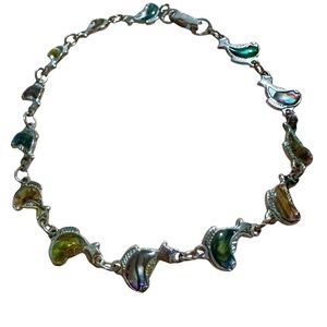Vintage 90s Silver Tone Dolphin Fish Bracelet Iridescent Inlay Y2K Jewelry
